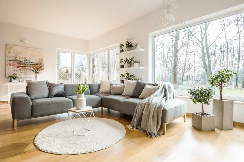 Grande fenêtre fixe PVC blanche dans un salon contemporain